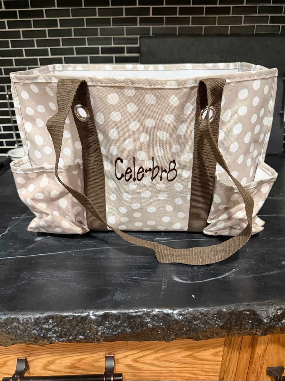 thirty-one Beige and White Polka Dot Tote with Brown Straps